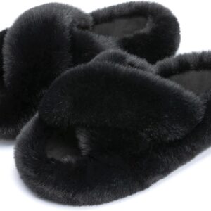 Women's Blue Memory Foam Faux Fur Lined Open Toe Slippers for Women - US 12