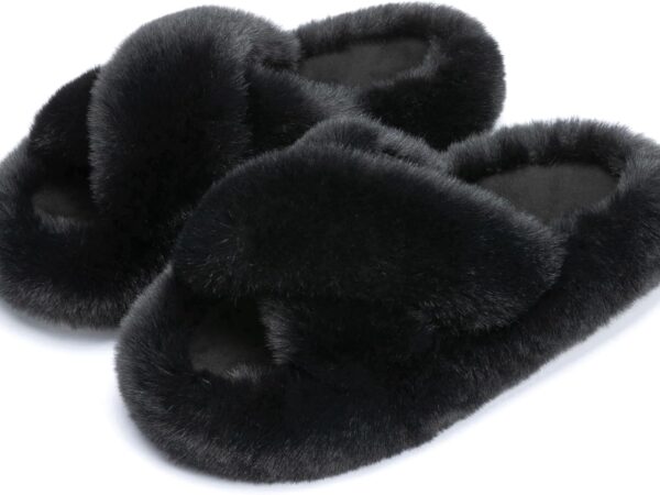 Women's Blue Memory Foam Faux Fur Lined Open Toe Slippers for Women - US 12