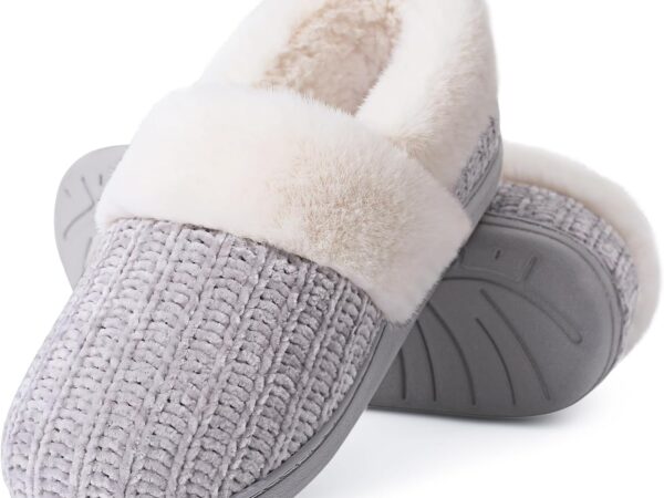 Women's Fuzzy Memory Foam Slippers, Closed Back Knit Bedroom Slippers, Slip-On Warm House Shoes for Indoor & Outdoor Comfort