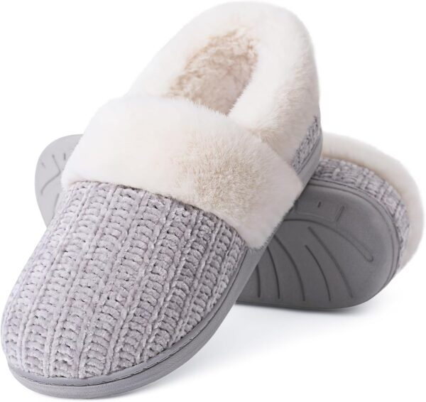 Women's Fuzzy Memory Foam Slippers, Closed Back Knit Bedroom Slippers, Slip-On Warm House Shoes for Indoor & Outdoor Comfort