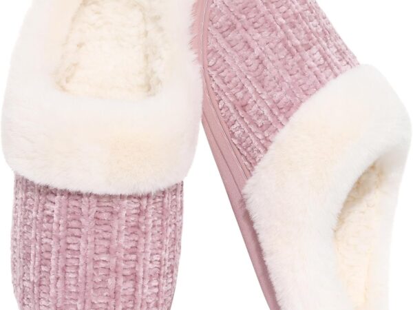 Warm Knit House Slippers for Women Comfy Wool-Like Lined Chenille Slippers with Memory Foam and Indoor Outdoor Soles