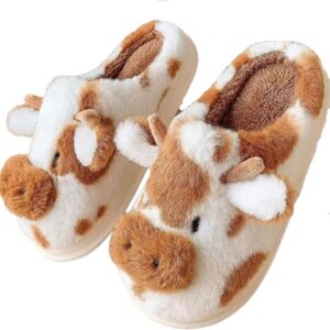 Cartoon Cow Cotton Slippers,Cute Cozy Fuzzy Animal Slippers For Women Men,Winter Warm Plush Comfy Indoor Outdoor Slippers