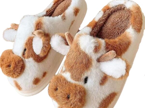 Cartoon Cow Cotton Slippers,Cute Cozy Fuzzy Animal Slippers For Women Men,Winter Warm Plush Comfy Indoor Outdoor Slippers