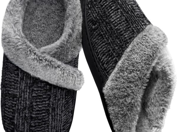 Slippers for Women Fuzzy House Slip on Indoor Outdoor Bedroom Furry Fleece Lined Ladies Comfy Memory Foam Female Home Shoes Anti-Skid Rubber Hard Sole