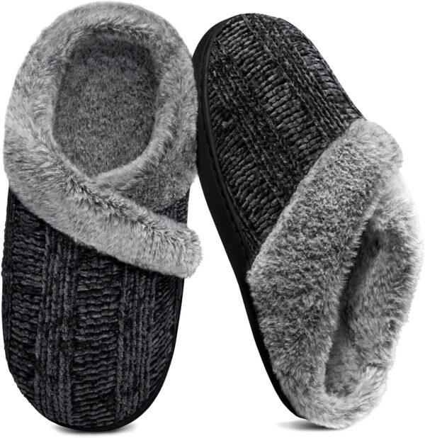 Slippers for Women Fuzzy House Slip on Indoor Outdoor Bedroom Furry Fleece Lined Ladies Comfy Memory Foam Female Home Shoes Anti-Skid Rubber Hard Sole