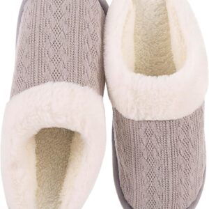 Women's Cozy Knit Slippers with Faux Fur Lining Memory Foam - Non-Slip Rubber Sole Indoor/Outdoor Winter House Shoes for Warmth and Comfort