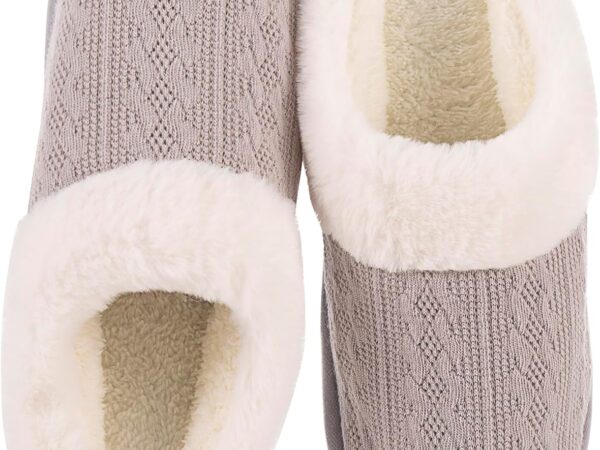 Women's Cozy Knit Slippers with Faux Fur Lining Memory Foam - Non-Slip Rubber Sole Indoor/Outdoor Winter House Shoes for Warmth and Comfort
